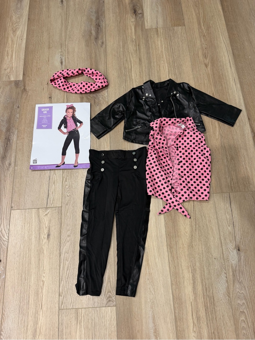 Girls Greaser Girl Pink Polka Dot 50s Costume with Black Jacket Size M